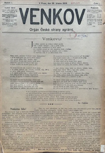 Venkov, ročník I, č. 1, 29. 3. 1906. Knihovna Národního muzea, odd. časopisů, sign. Z 14 A 1. Foto: Knihovna Národního muzea